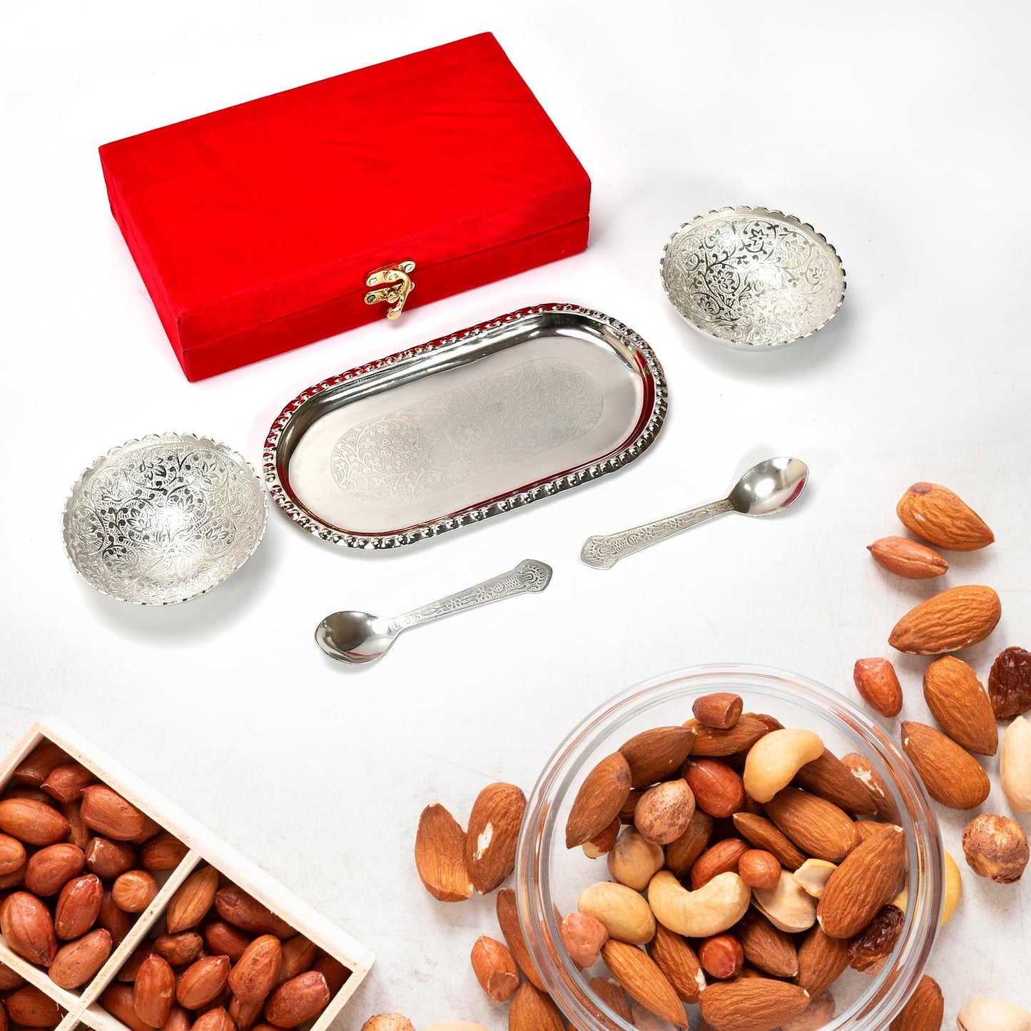 2947A Silver Plated 2 Bowl 2 Spoon Tray Set Brass with Red Velvet Gift Box Serving Dry Fruits Desserts Gift, Bartan DeoDap