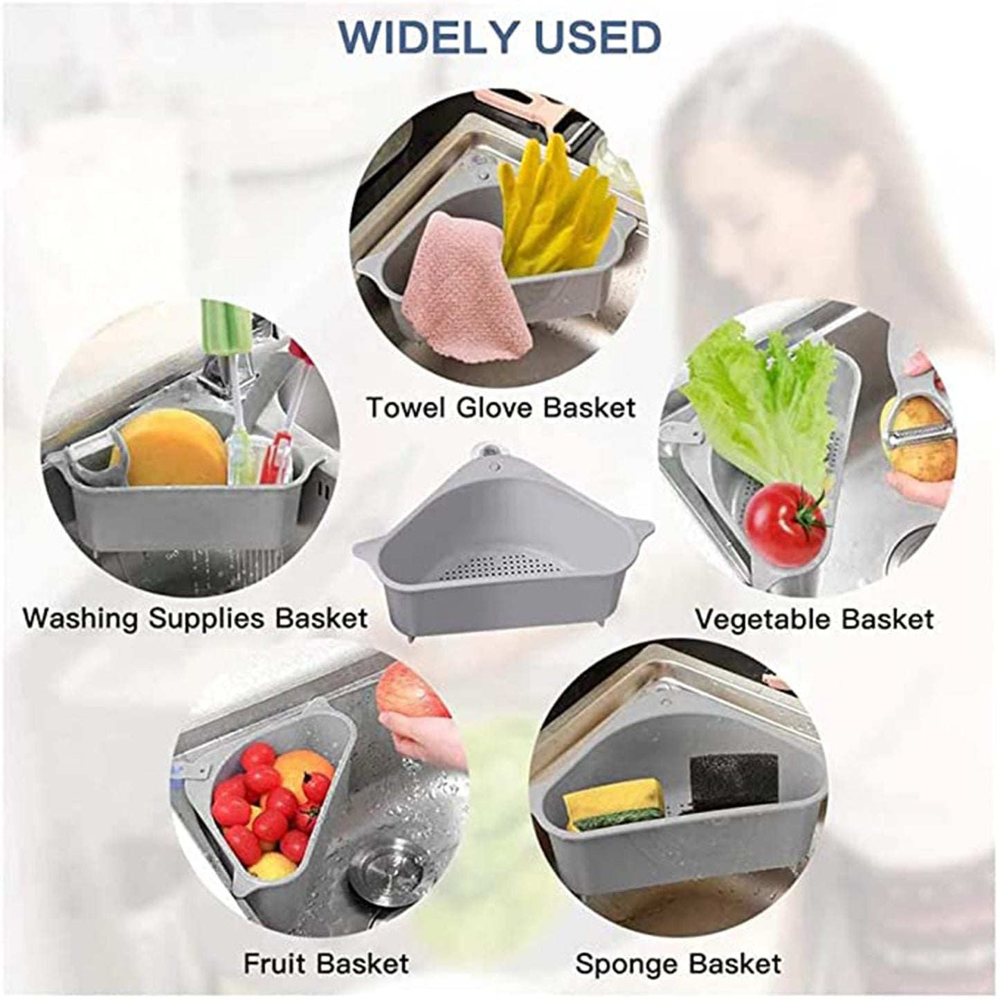 2071 Multipurpose Triangular Shape Sink Storage Basket Washing Vegetables, Fruits (Grey) DeoDap